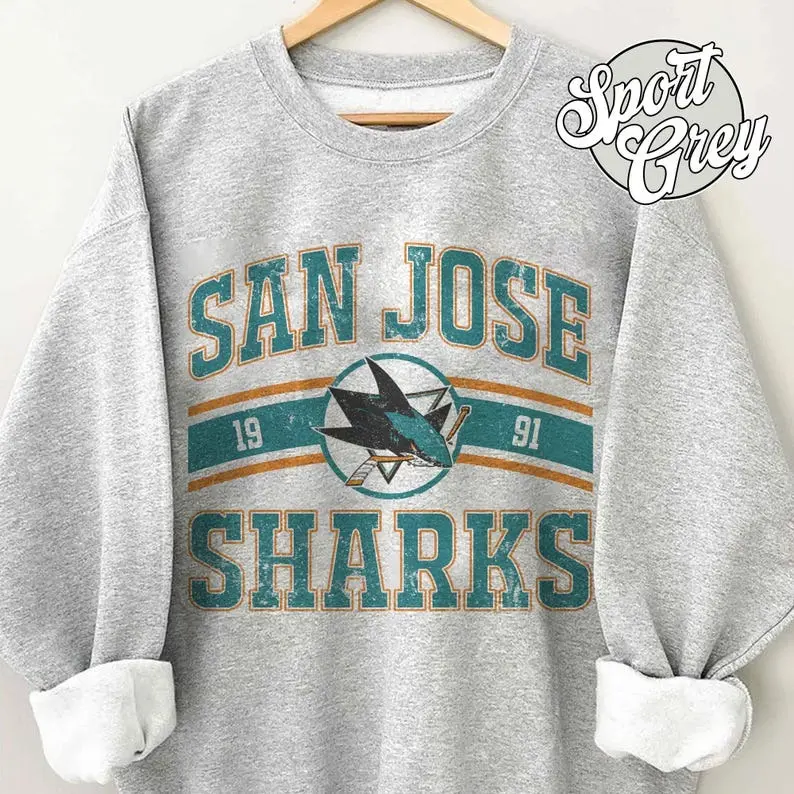 [Sale Up To 30%] + [Free Ship] Retro 90s Ice Hockey Team San Jose Est 1991 Crewneck, Ice Hockey US Fans, Shark T-shirt
