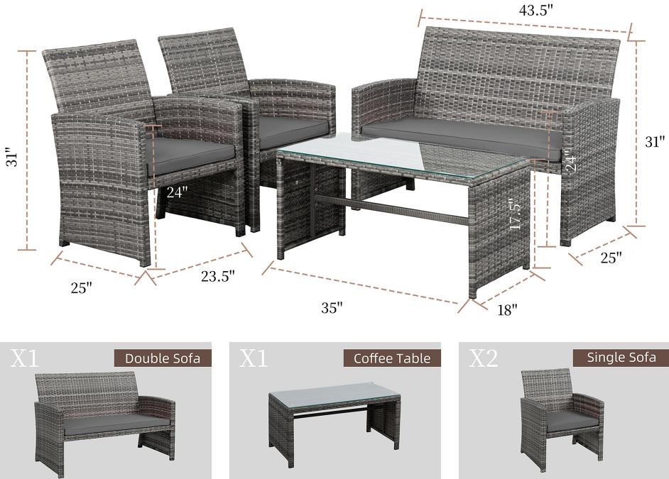 Walsunny 4-Piece Patio Furniture Set, Outdoor Wicker Patio Set with Cushions and Wooden Table for Lawn Backyard, White Rustic Dining Compact