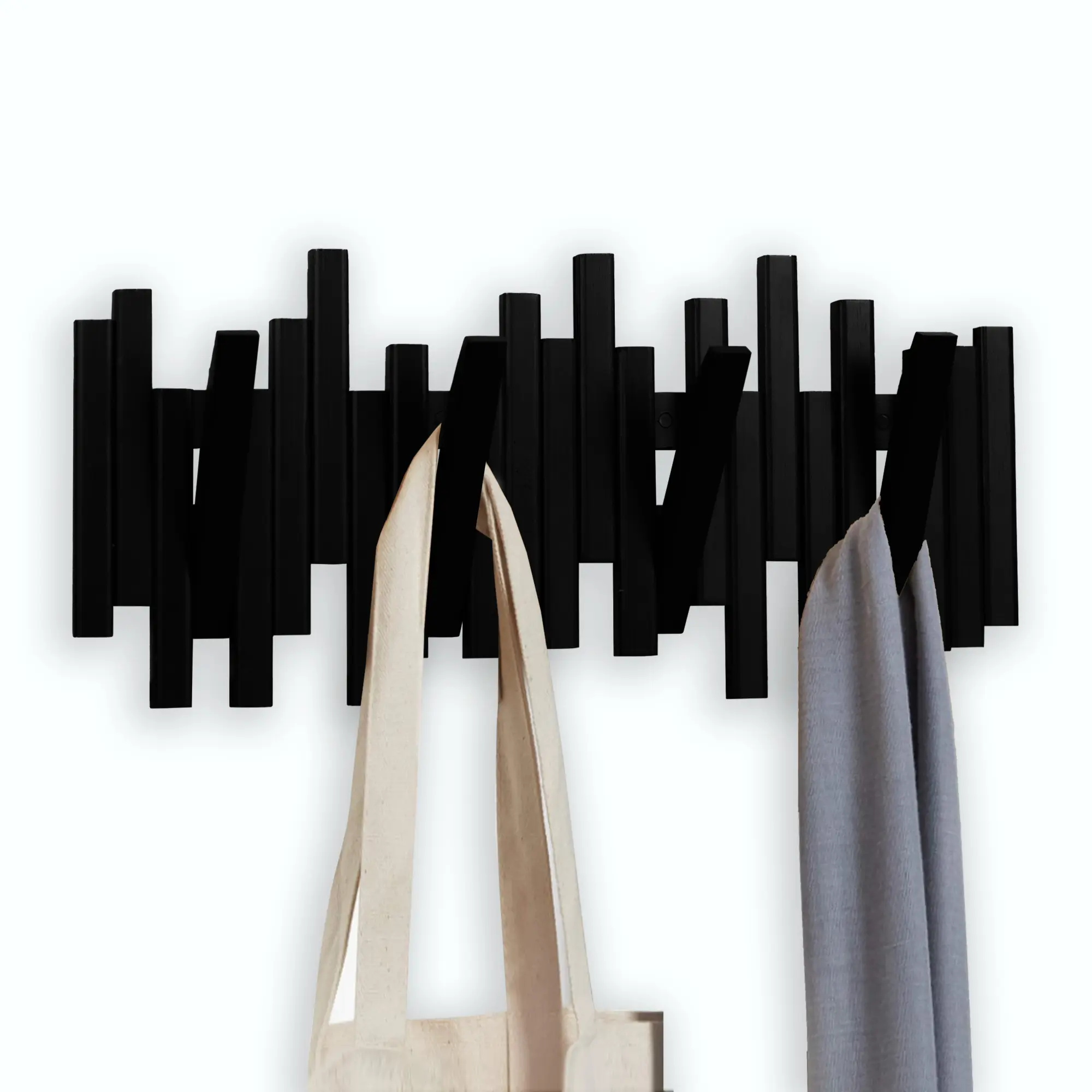 MinBoo Natural Bamboo Wall Multi-Hook Coat Rack - Black Decorative Hanging Organizer, 4 Flip-Down Hooks, 15.9in×6.9in Modern Minimalist Design, Easy Installation for Room & Kitchen Utensils Storage