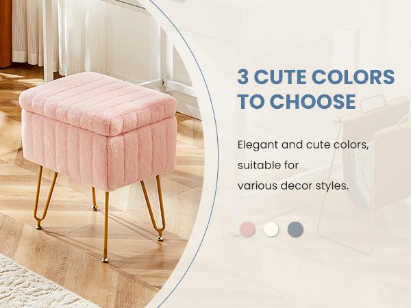 Sweetcrispy Store-Vanity Stool Chair with Storage, Ottoman Faux Fur Soft Padded Makeup Footstools Seat with 4 Metal Legs Anti-Slip Adjustable Feet