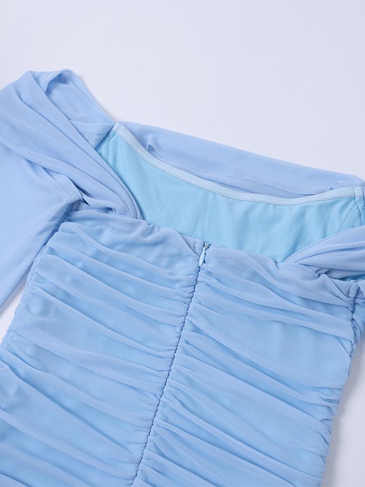 Off-neck Backless Bell Sleeve Ruched Bodycon Mesh Dress，Elegant Intellectual and Fashionable Party Dress
