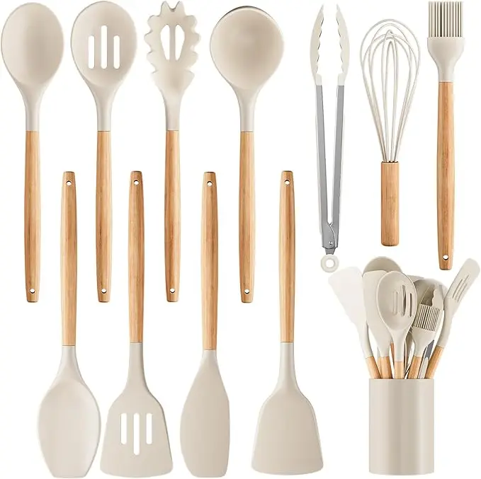 12pcs/44pcs Non-Stick Silicone Kitchen Utensil Set - Wood Handle Black, Flexible Silicone Head, Easy Hanging Hole, Safe, Easy to Clean, Hand Wash, All Seasons - Ideal for Cooking, Baking, Back to School Dorm Essentials Spoons