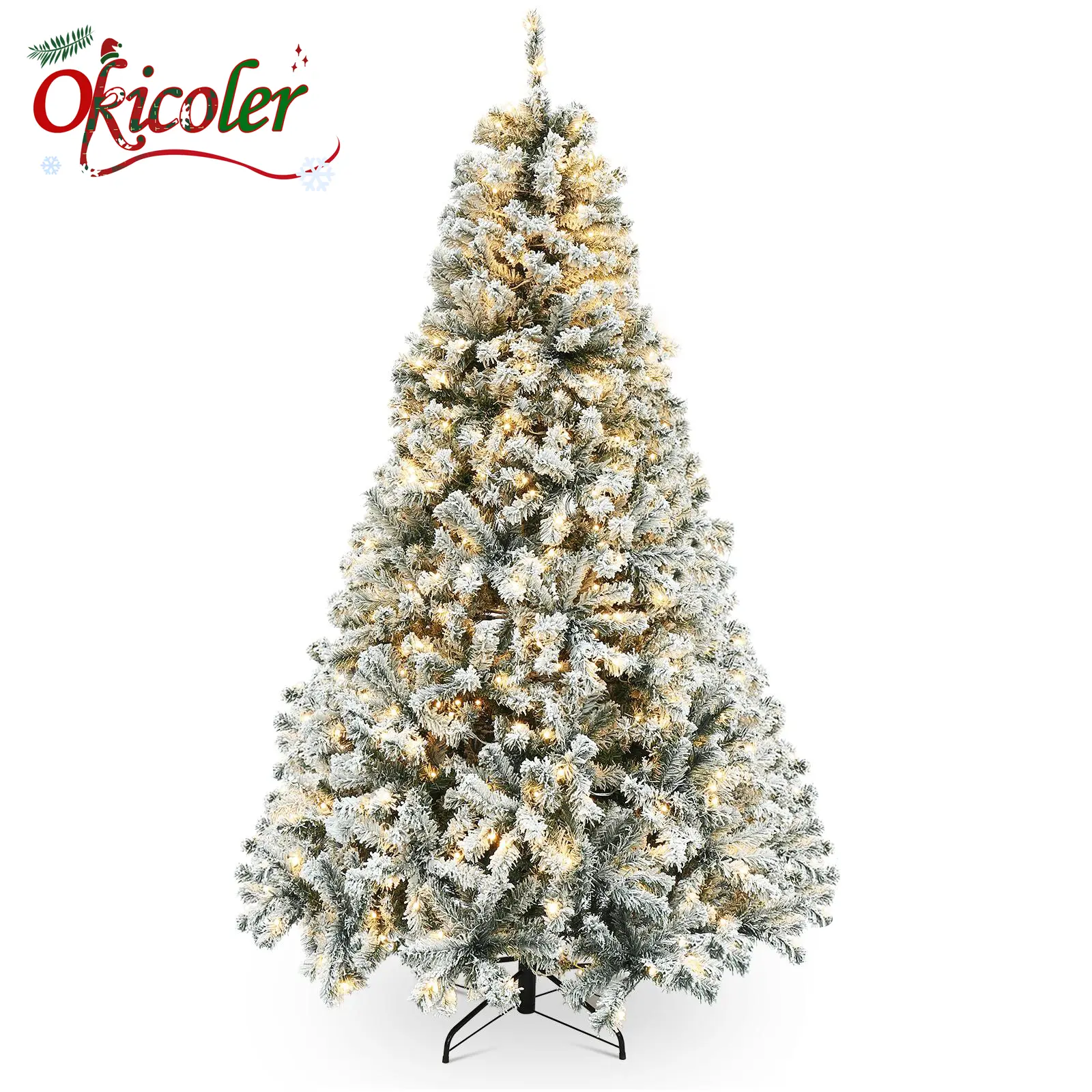 Okicoler 6.5 Ft Pre-lit Artificial Christmas Tree with 250 Incandescent Warm White Lights, Snow Flocked Full Prelighted Xmas Tree W/850 Branch Tips, Foldable Stand, White Party Decorations Durable Materials Ornaments Backdrop