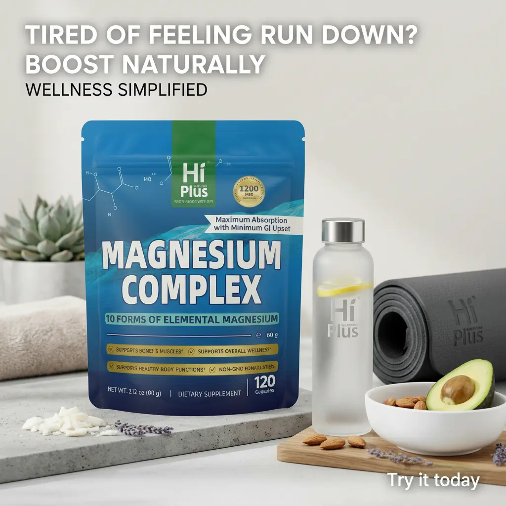 HiPlus Magnesium Complex Dietary Supplement - 10 Full Spectrum Essential Magnesium Forms, 1200mg Advanced Formula, 120 Capsules, Maximum Absorption, Muscle & Bone Health, Active Fitness Support, Healthy Lifestyle, Prop 65 Safe, Supplement Stack