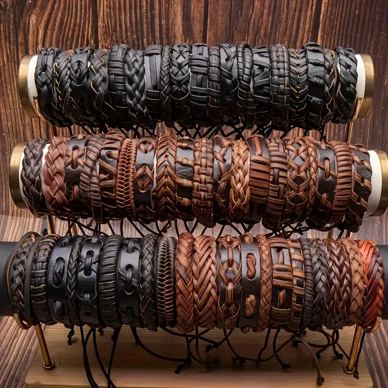 20/40/60pcs Vintage Pu Leather Bracelet - Men's Jewelry Accessories, Retro Style, Daily Wear, Halloween Christmas Festive Gifts, Layered Bracelets, Accessory Collectors