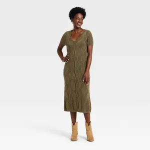 Women's Western Short Sleeve Scalloped Crafted Midi A-Line Dress - Universal Thread