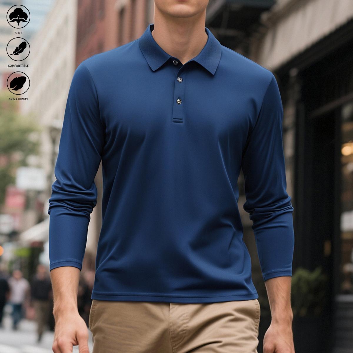 5PCS Men’s Soft Long Sleeve Polos – Solid Design & Skin-Affinity, Comfortable Fabric, TikTok Popular, Ideal for Casual Fall Outfits & Gifts for Him collar cuff design everyday commute