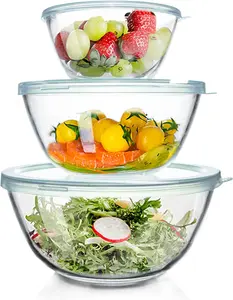 Summervibes Glass Mixing Bowls Glass Bowls with Lids Set(4.5QT,2.7QT, 1.1QT),Large Salad Bowls,glass mixing bowl Space-Saving Nesting Storage bowls for Cooking,Baking,Prepping,Dishwasher Safe