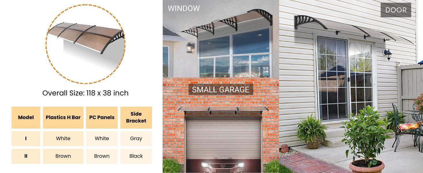 Ubesgoo Window Awning Door Canopy, Polycarbonate Cover Front Door Outdoor Patio Awning Canopy UV Rain Snow Sunlight Protection Hollow Sheet, Brown Board & White Bracket