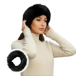 Women's Solid Black Fuzzy Headband Earwarmer Fluffy Faux Fur Winter Hat with Warm Fleece Lining for Cold Weather Outfits