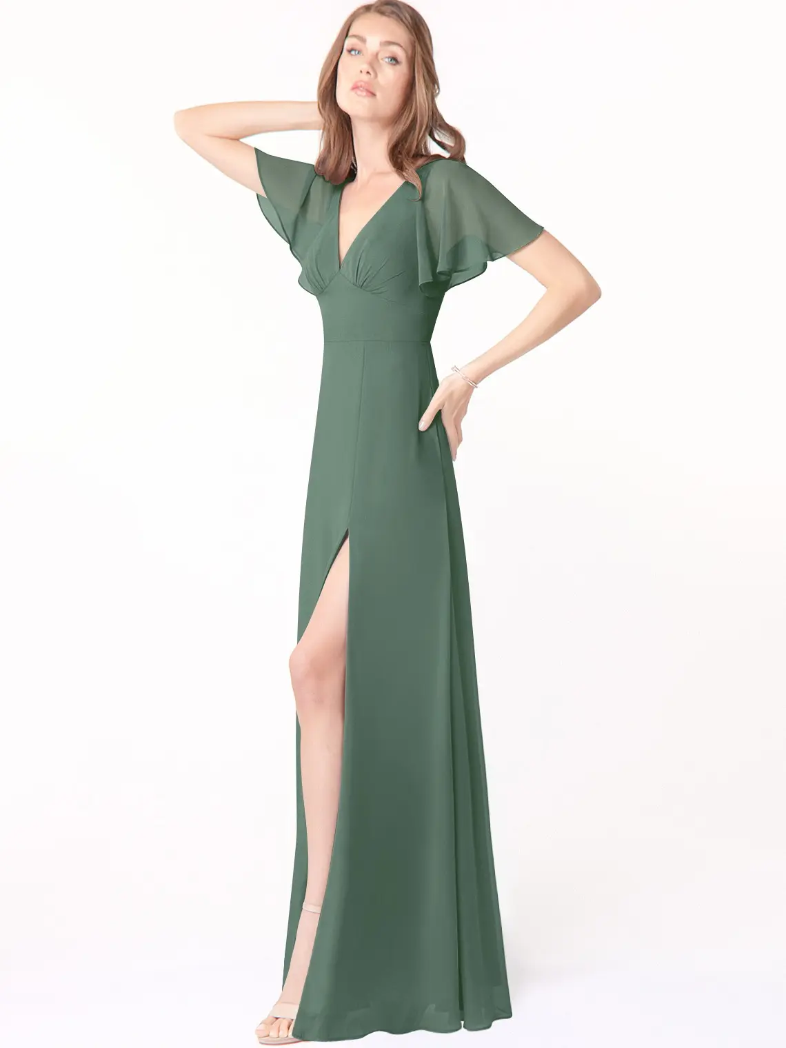 AZAZIE Kimber Women's Chiffon Bridesmaid Dress - V-Neck A-Line Formal Gown with Butterfly Sleeves & Pockets for Wedding Party