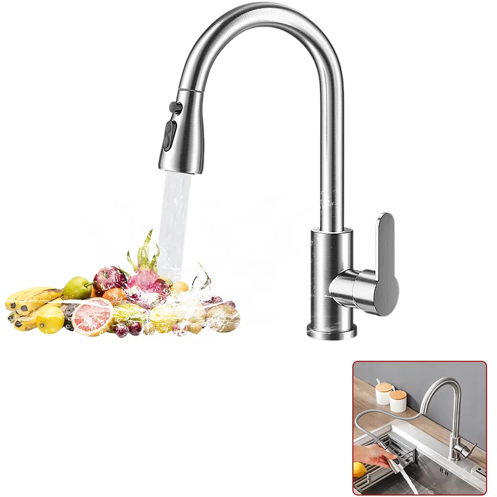 Stainless Steel Kitchen Faucet with Pull Down Sprayer, Single Hole, 8.6" High Reach High Arc Spout, Single Handle, Ceramic Valve Seal, Brushed Nickel Finish, Modern Durable Home Improvement Kitchen Tap, Hot & Cold