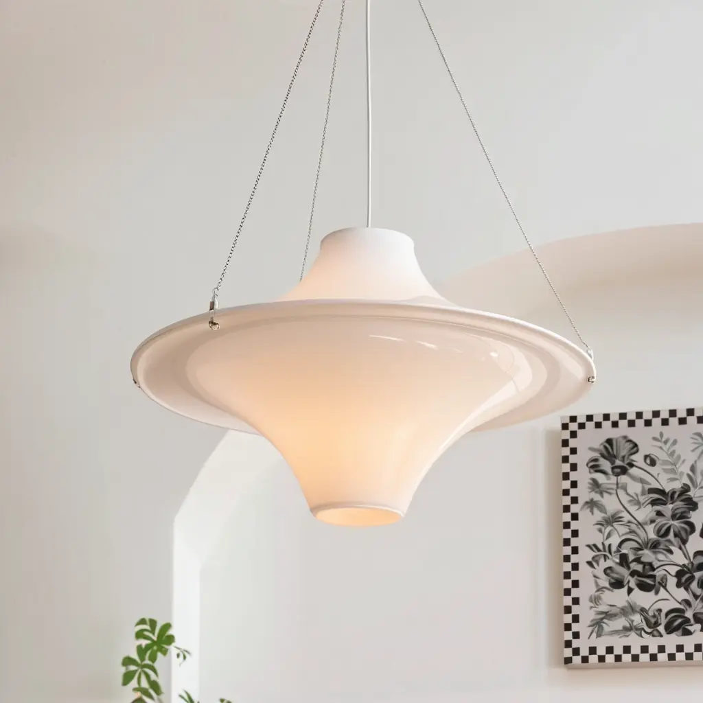Modern UFO Flying Saucer Acrylic Pendant Light, 19.69in, E26 Base, 78.74in Adjustable Cord, Minimalist Soft Glow Ceiling Lighting for Living Room, Dining Room, 110V