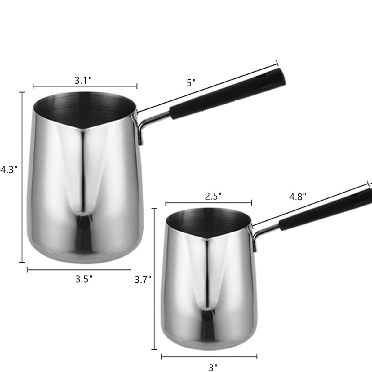 Set of 2 Milk Butter Warmer Pot, 12oz/22oz Turkish Coffee Pot, Stovetop Chocolate Melting Pan, Cezve Ibrik Briki Greek Arabic Coffee Maker for Maple Syrup, Sauce Heating, 18/8 Stainless Steel Set of 2 Milk Butter Warmer Pot, 12oz/22oz Turkish Coffee Pot, Stovetop Chocolate Melting Pan, Cezve Ibrik Briki Greek Arabic Coffee Maker for Maple Syrup, Sauce Heating, 18/8 Stainless Steel