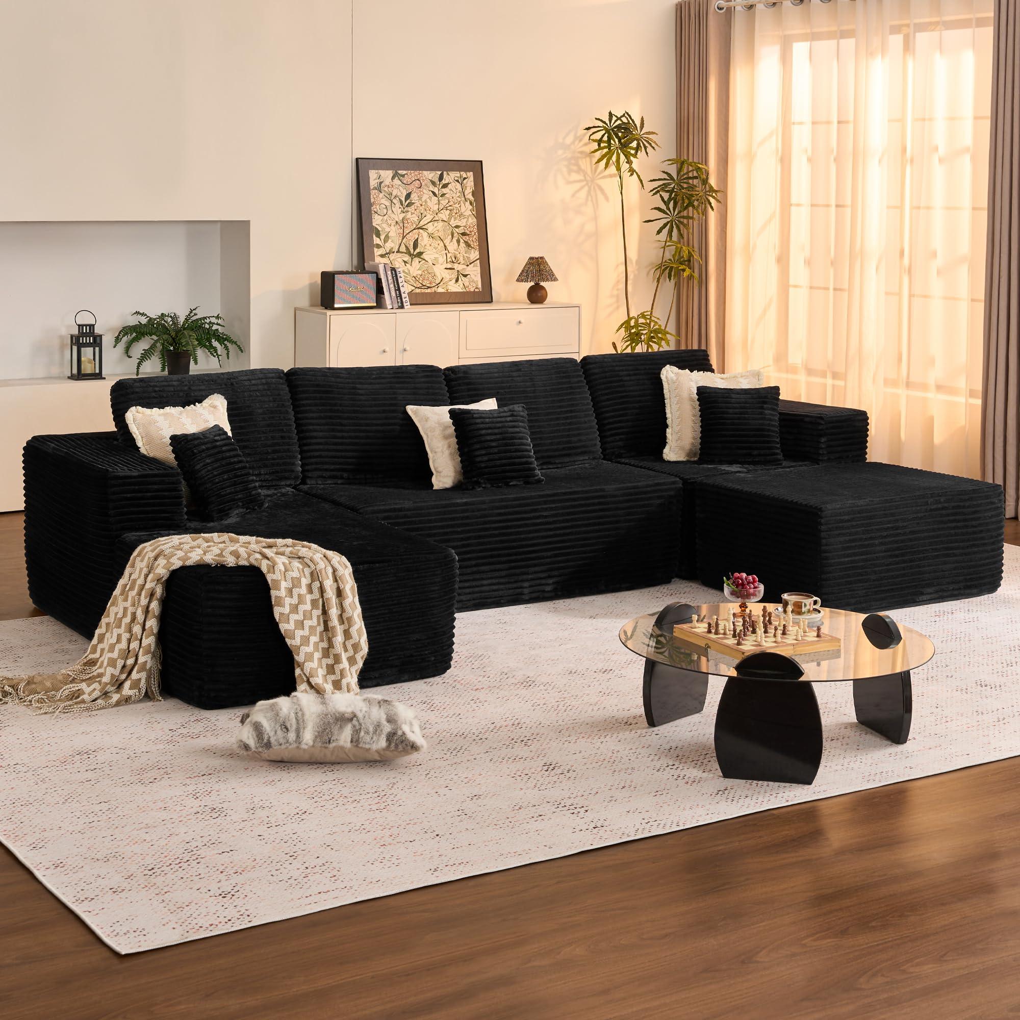 【3 Packages Shipping】133‘’ U-Shaped Corduroy Modular Sofa Cloud Style Oversized 5-Seater with Chaise Pillows Included No Assembly Required Convertible Space-Saving for Living Room Bedroom Office Indoor Furniture Sets Christmas - Boneless Sectional Couch