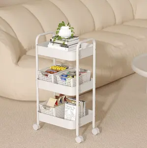 3-Tier Rolling Utility Cart with Tabletop, Metal Storage Organizer Cart with Locking Wheels & Hooks, Multifunctional for Office, Classroom, Kitchen & Bathroom Corner Clear Cosmetic Rack Magnetic Spice and Drink Set Collapsible Bins Three-Tier
