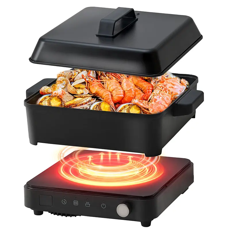 Olayks Multifunction Portable Induction Cooktop - 1500W Max (150W–1500W, 200W & Above), 6 Temp Settings, 8 Power Levels, 99-Min Timer, LED Display, Knob Control, 8L Cast Iron Pot, Induction Compatible Cast Iron Pan, Multi-Cook Modes
