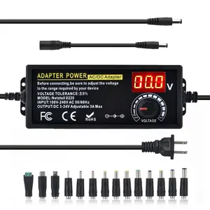 Universal Power Supply, Plug Converter, Adjustable from 3.5 to 24V at 2A, AC to DC Adapter, US Power Plug, Featuring an LCD Screen And Digital Display, Includes Reverse Polarity Wiring And 14 Connectors