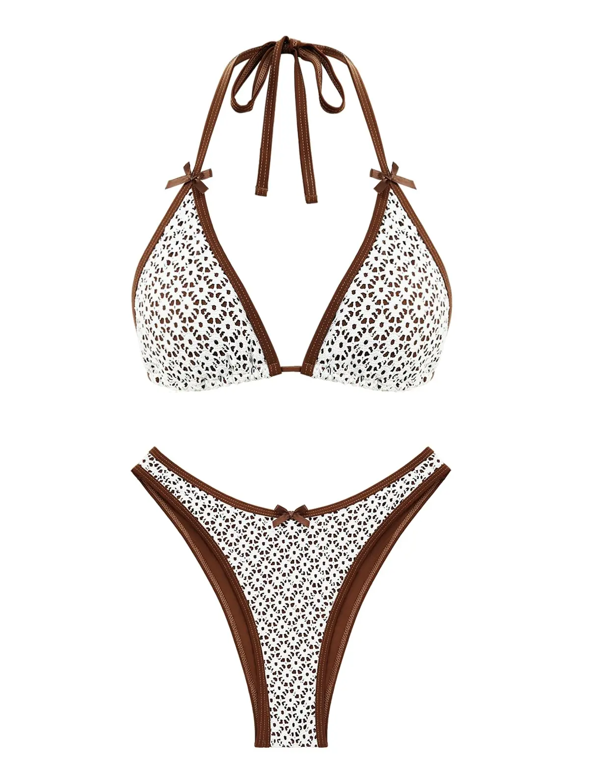 Women's 2-Piece Bikini Swimsuit Set - Wire-Free Halter Neck Triangle Top with Contrast Piping & Bowknot, High-Leg Cheeky Thong Bottom, Stretch Elastane Fabric, Hand Wash Only, Back to School Shopping, Two-Pieces, High-Leg Cut