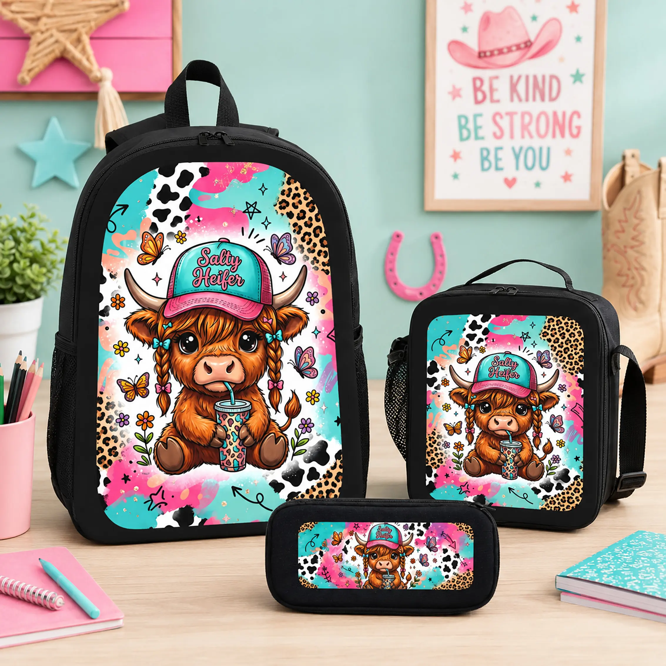 Highland Cow Print 3 Piece Backpack Set Polyester Backpack Lunch Bag Pencil Case Cute Western Cowgirl Floral Leopard Print Bookbag Large Capacity Lightweight Breathable For Back To School Travel Daily Use Kids Girls Boys Teens Students
