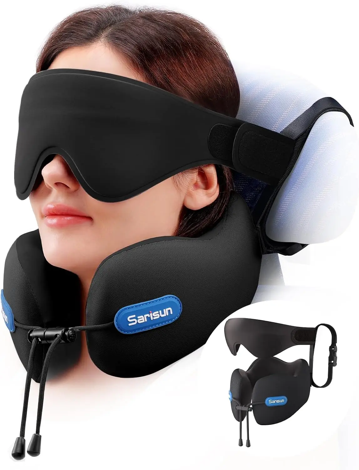 SARISUN Travel Neck Pillow Neck Rest Cushion - Dual-Density Supportive Foam, Cool Lycra, 3D Eye Mask Single Set for Airplanes Cars, On-the-Go Essentials MODEL016 Black