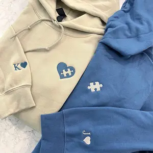 Custom Embroidered Sweatshirt, Heart and Puzzle Piece Couples Hoodie, Initial With Heart On Sleeve, Anniversary Gift, Valentines Day Gift
