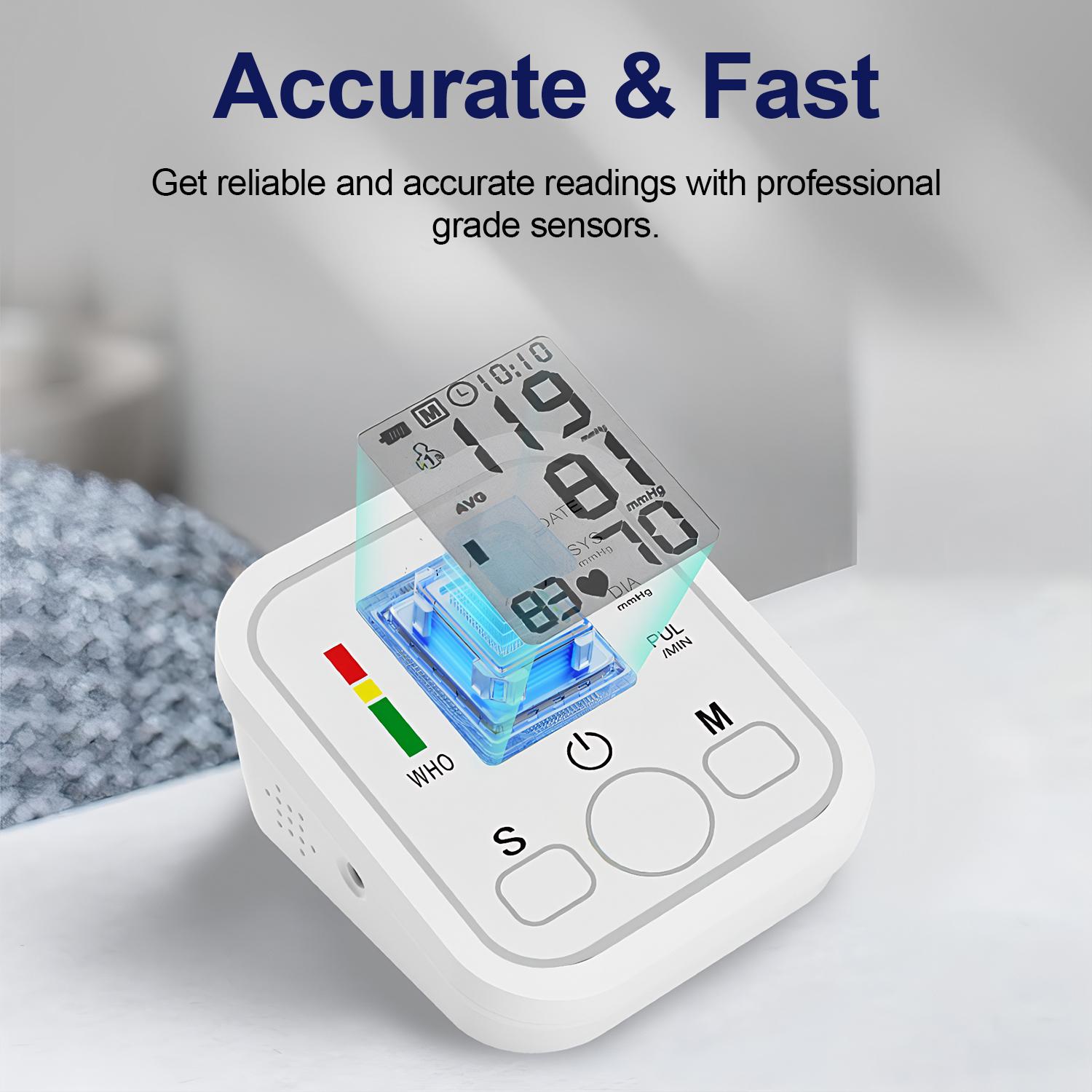 Arm Blood Pressure Monitor - LCD Display, Adjustable Cuff, 99x2 Memory Sets, Digital BP Machine for Home Use, Battery not included
