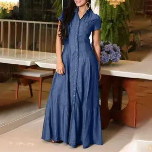 Popular in 2025 long skirt shirt collar pocket big swing skirt plus size casual denim dress female up to buy a size Soft Summer Womenswear Fitted