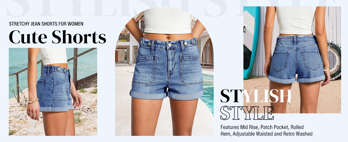 EMMIOL Women Jeans Shorts Summer Mid Rise Sexy Stretchy Denim Hot Pants with Adjustable Waist Trendy