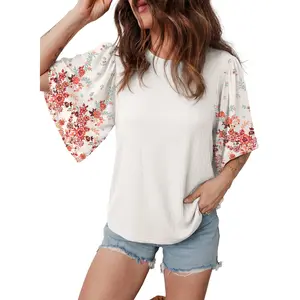 EVALESS Women's Boho T Shirts Tops Casual Loose Stretchy Ribbed Shirts Crew Neck 3/4 Sleeve Floral Print Patchwork Blouses 2026 Trendy Spring Summer Outfits SwimWeek