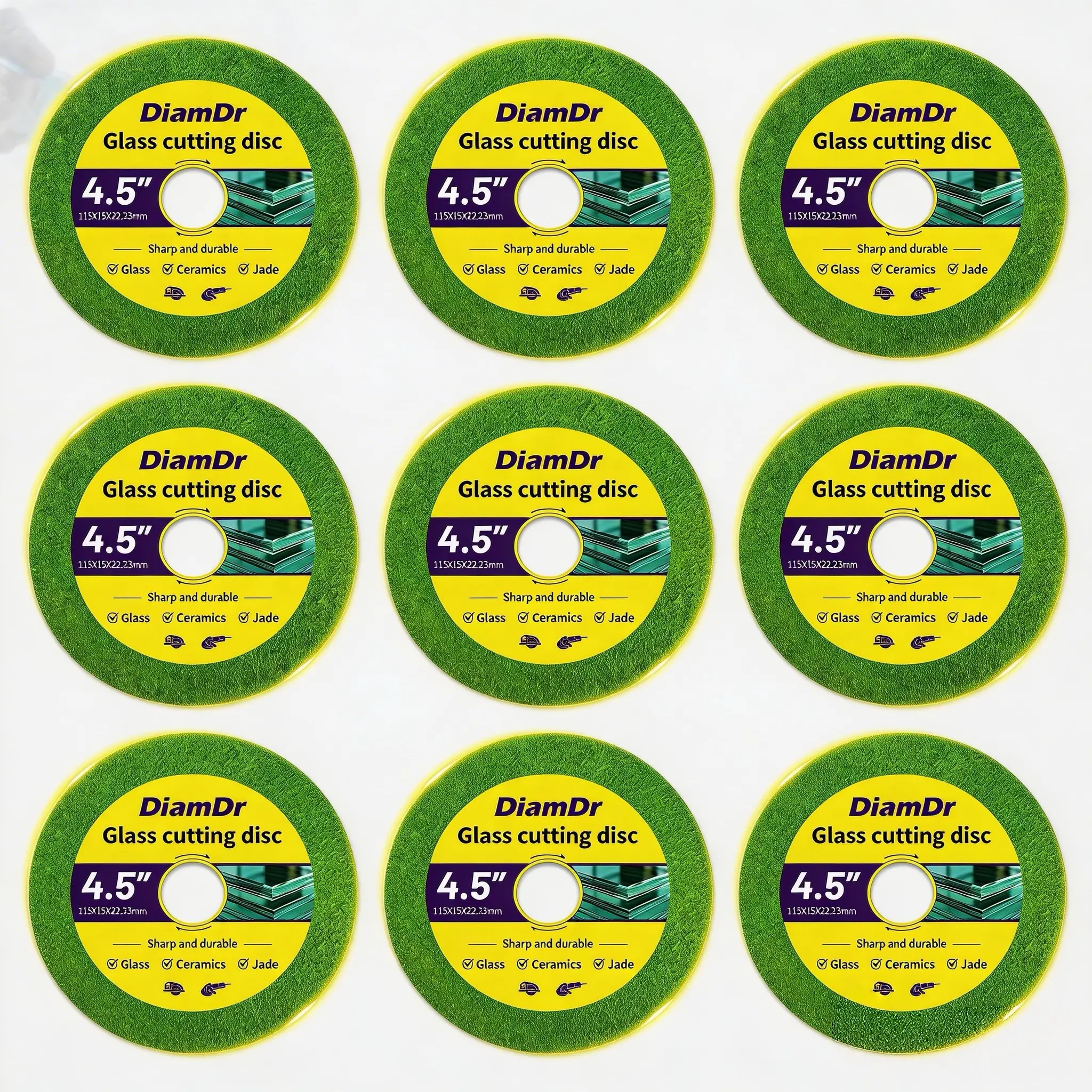 DiamDr 9-Pack 4.5 Inch Glass Cutting Disc for Angle Grinders, Sharp & Durable Cutting Wheel for Glass, Ceramics, Jade