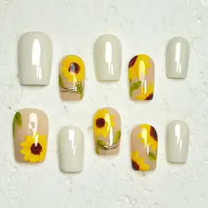 Moonovate - SUNFLOWERS 10pcs Handmade Press On Nails Square Nails REUSABLE 3D Gel Fake Nails Acrylic Press On Nails