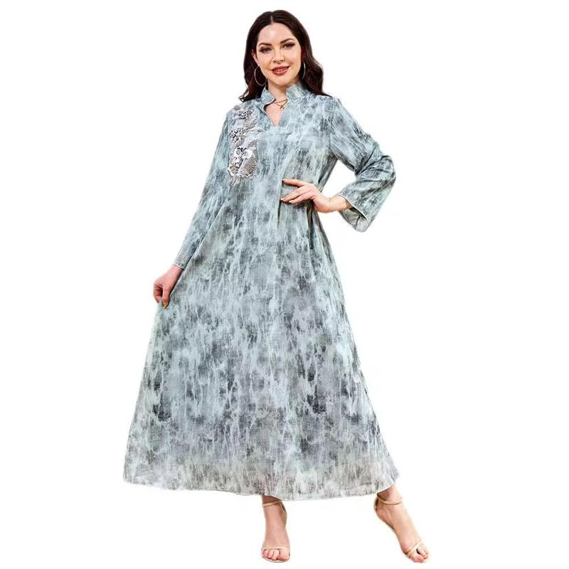 Luxury Marble-Style Abaya Dress | Loose Fit, Rhinestone Detail, Modest Long Sleeve