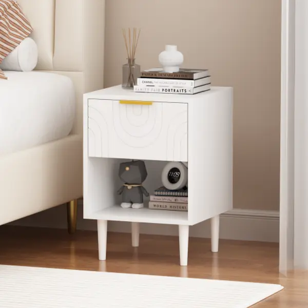Modern White Bedroom Nightstand - 22.83in H, 1 Drawer, Open Shelf, Gold-Accented Handle, Ideal for Kids' Bedroom Decor
