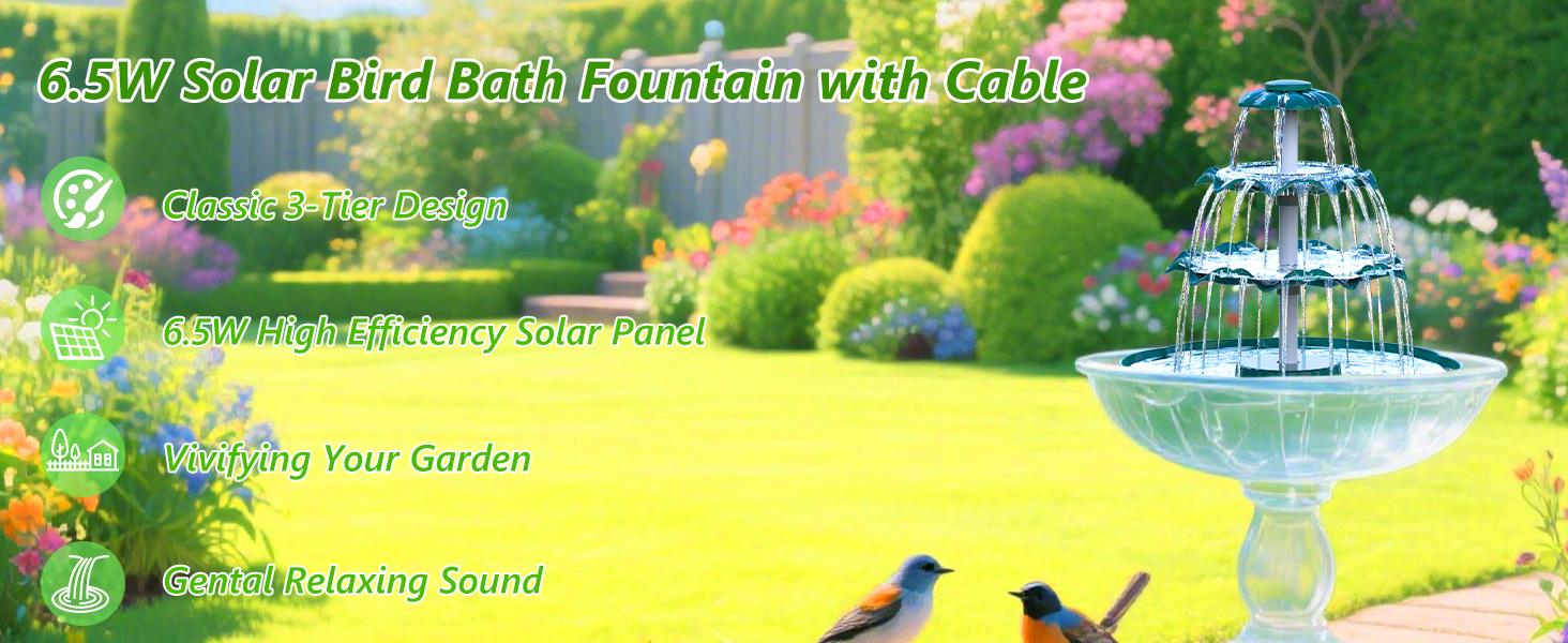 6.5W Three-Layer Solar Bird Bath Fountain- High-Quality Outdoor Garden Decoration,DIY Detachable Solar Water Fountain Pump, Attracts Birds and Hummingbirds, Enhances Courtyard Atmosphere,Outdoor Bird Feeder and Waterfall, Efficient Solar Power Supply