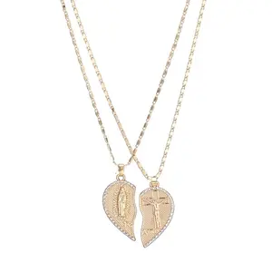 Veliora Gift Virgin Mary Heart Necklace 18K Gold Plated Double Chain Combination Prayer Pendant for Women & Men TE AMO Inscribed Couple Necklace Religious Symbolism Elegant Dual Heart Design 45cm Chain Length