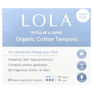 Lola Organic Cotton Tampons with Plastic Applicators, Regular & Super, 20 Tampons