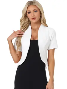 INSPIRE CHIC Casual Business Cropped Blazer Short Sleeve Collarless Womenswear Coats Open Front Cardigan Work Jacket Shrug