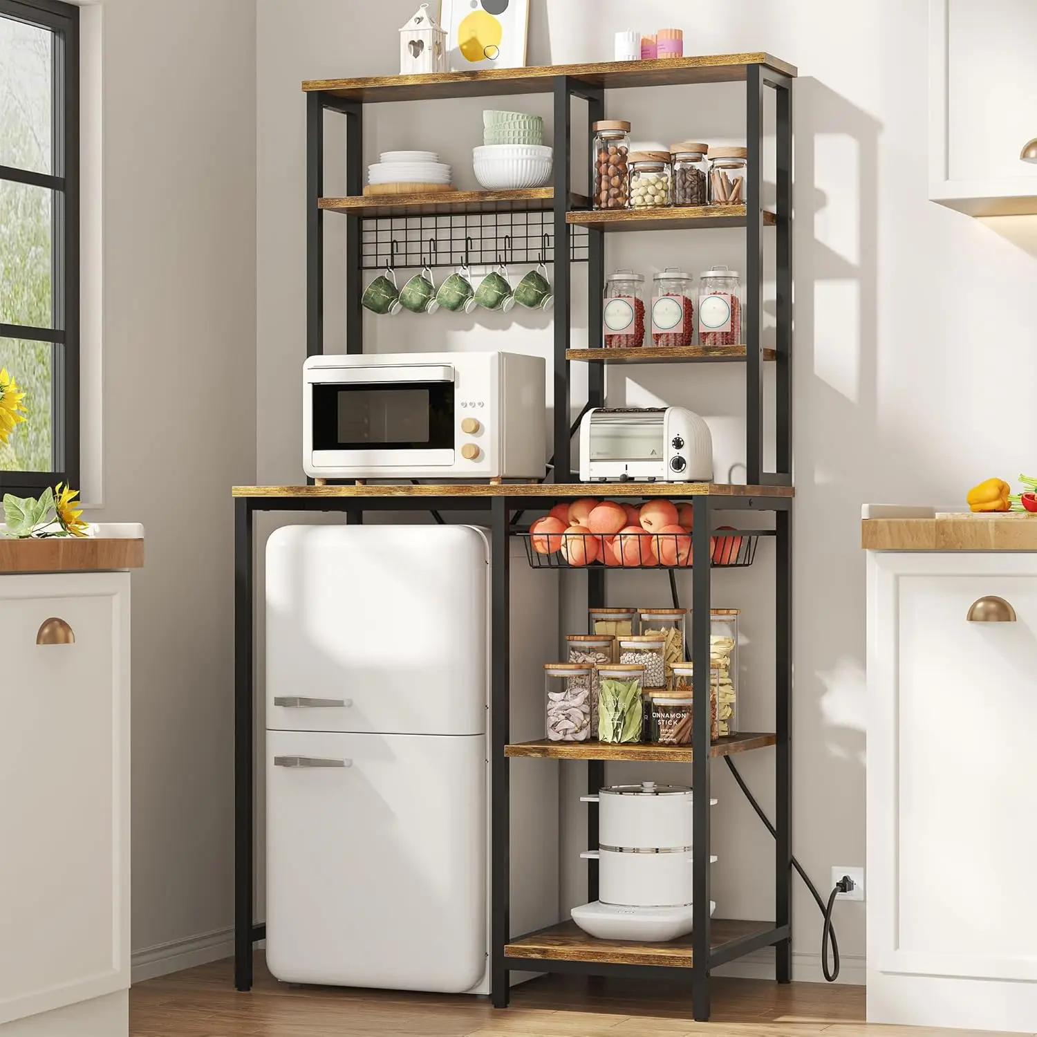 Kepptory Baker’s Rack with Mini Fridge Stand- Heavy-Duty Vintage Brown Engineered Wood Floor-Standing Organizer, Adjustable Legs, Built-In Adjustable Support, Microwave/Coffee Bar Storage, Power Outlet, Easy Install, Ideal for Dorm Kitchen, Durable