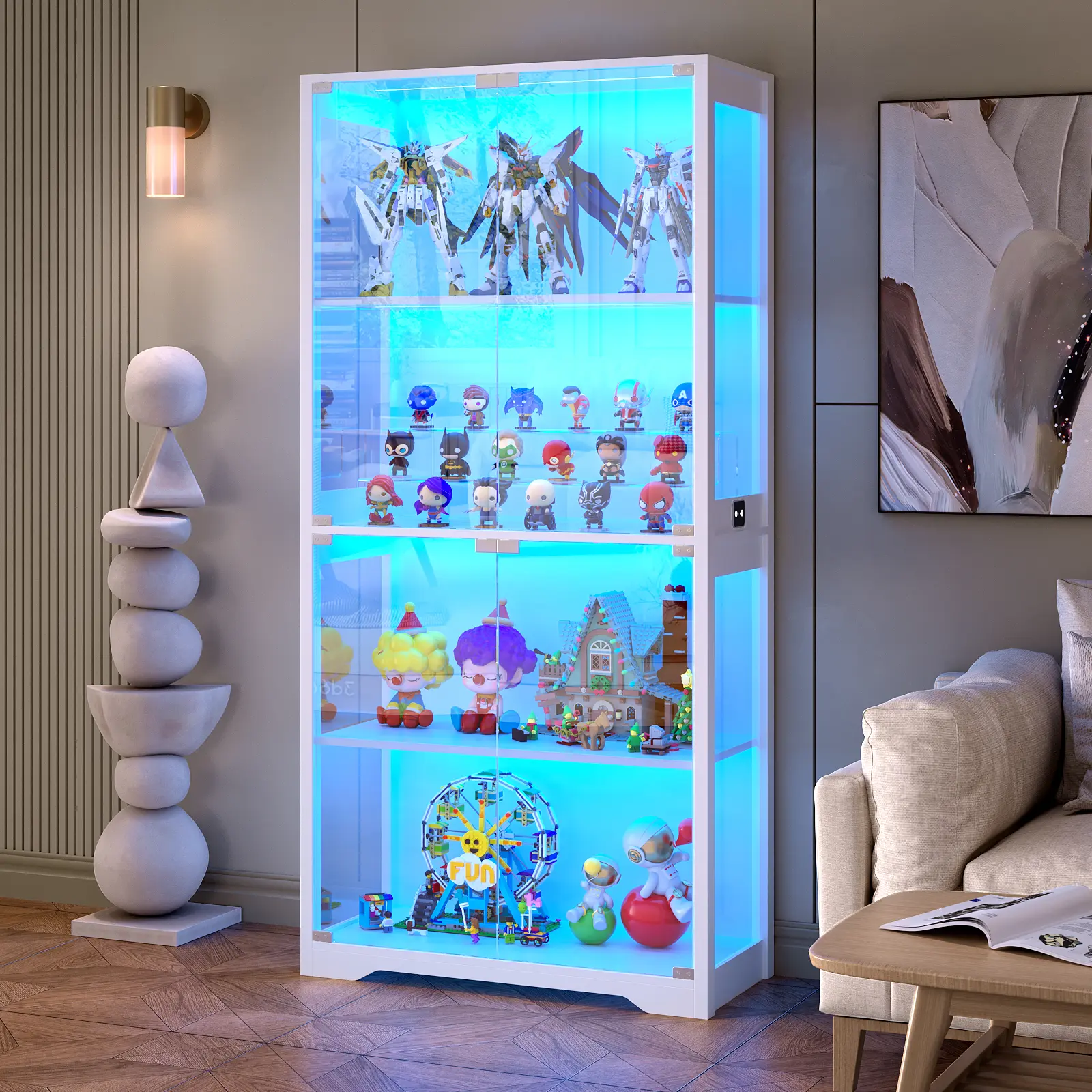 BROTTAR Display Cabinet with Glass Doors, Storage Cabinet with 3 Color Light, 4-Tier Curio Cabinet Bookcase for Collectibles, Toys, Books, for Playroom, Bedroom, Study Room, White/Black,dorm essentials,home decor