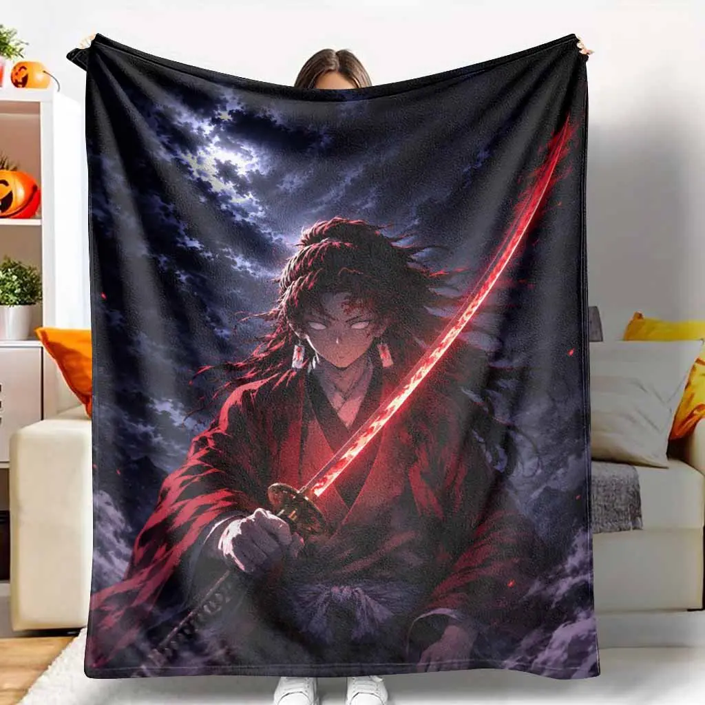 Samurai Warrior Flannel Blanket - Japanese Theme Anime Sword Art Print, Flannel Fabric, Soft Lightweight Warm Cozy Plush, Multi-Size Throw Bedspread with Fading Resistance for Sofa, Bedroom, Birthday Gift Decor