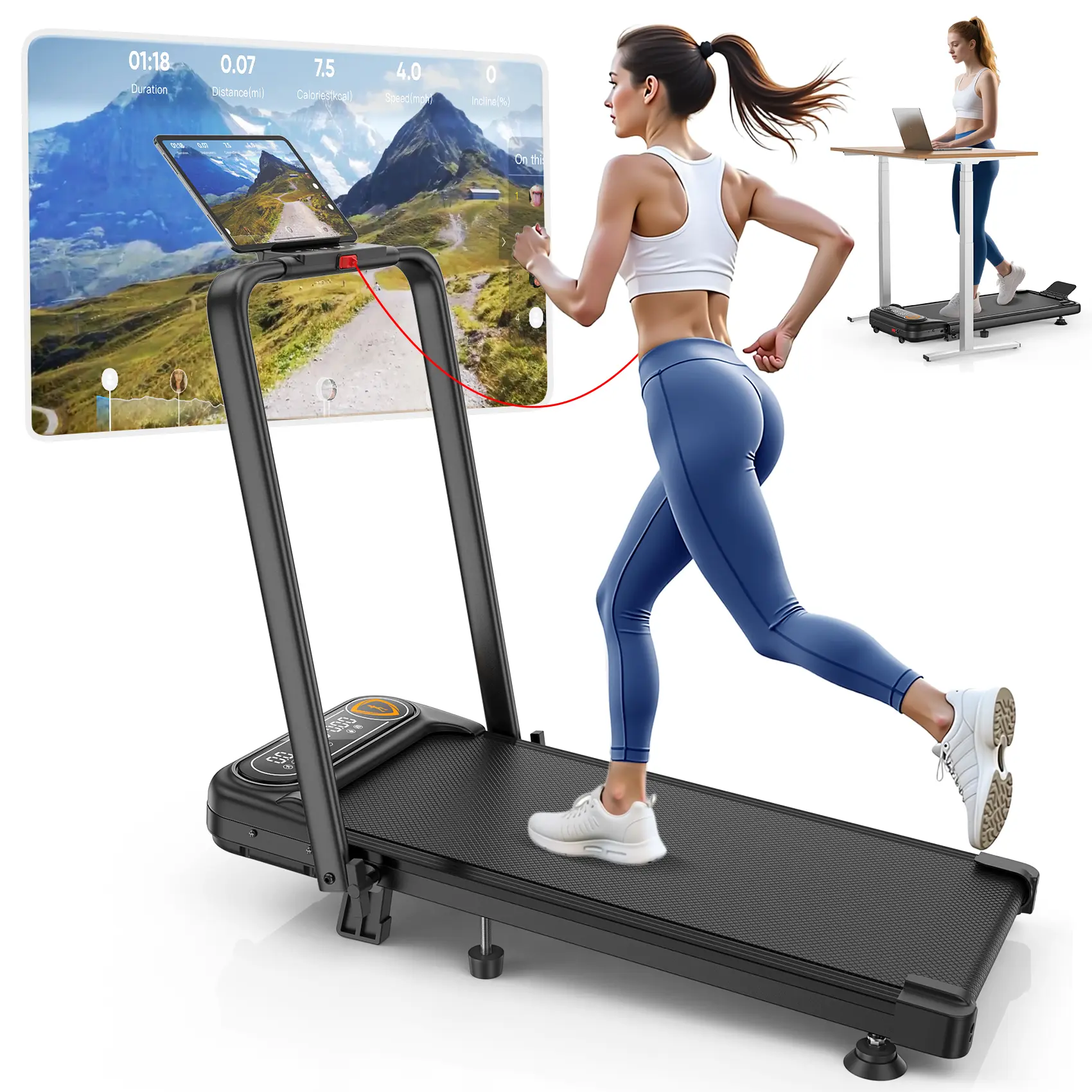 Trisomy 4 in 1 Walking Pad Foldable Smart Treadmill Running Machine with 10% Adjustable Manual Incline, Quiet Motor 3.5HP Low Noise UnderDesk Treadmill with Handle Bar, 350Lbs Capacity, APP and Remote Control for Small Space Home Gym and Office Fitness