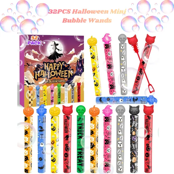 32PCS Halloween Mini Bubble Wands for Kids | Halloween Party Favors, Trick or Treat Goodie Bag Fillers, Bubble Wands with Halloween Stickers, Classroom Prizes, Halloween Toys for Toddlers & Kids