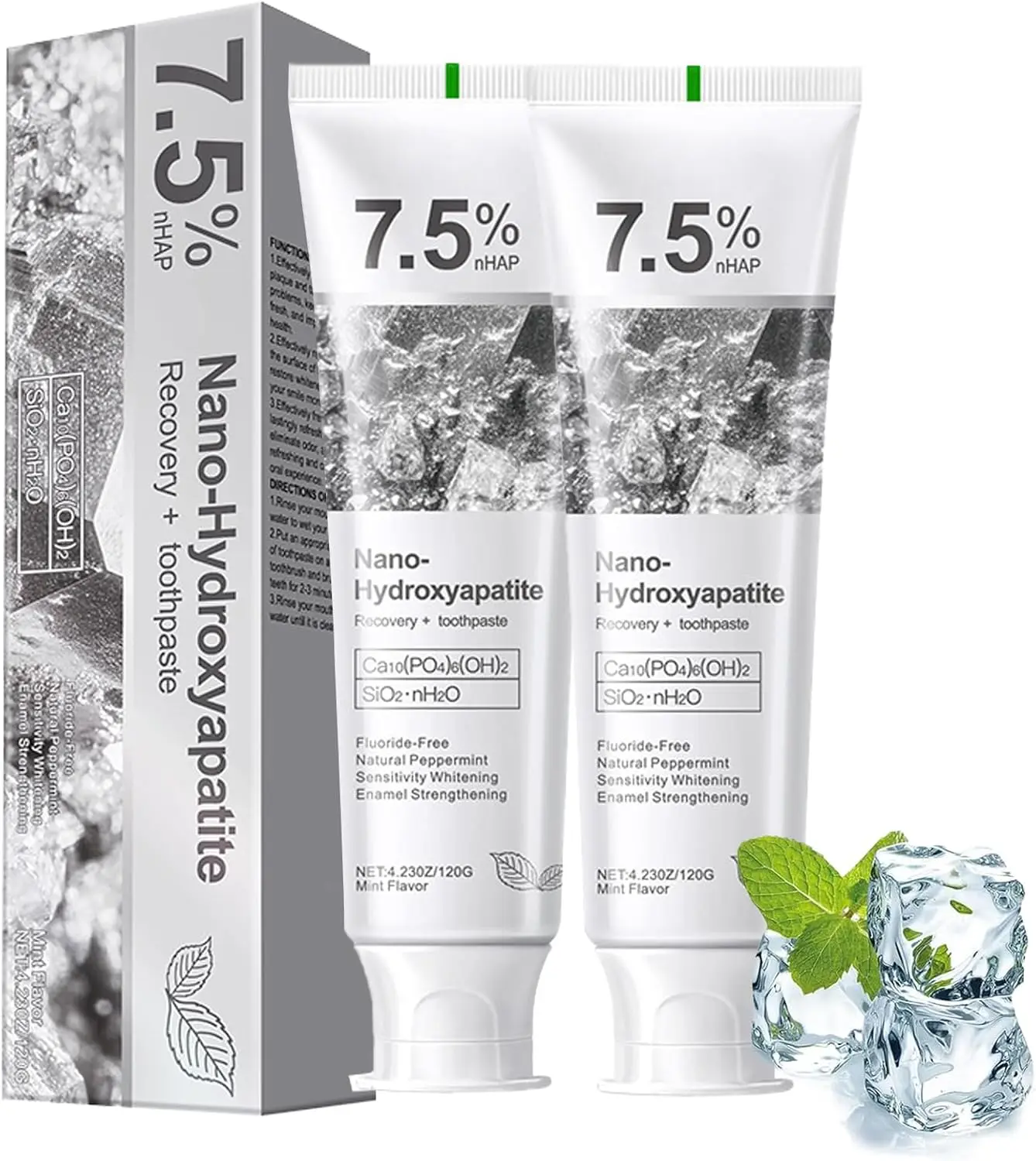 2PCS 7.5% Nano Hydroxyapatite Toothpaste Helps Remineralize, Protects Enamel, Dentist-Formulated Whitening Toothpaste for Sensitive Teeth, Natural Peppermint, Fluoride-Free