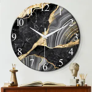 Large black glass wall clock, 12–24 inches, marble-patterned large silent quartz battery-powered clock, 4 mm thick tempered glass, durable and long-lasting, suitable for living rooms, bedrooms, and office decor; ideal as a holiday gift
