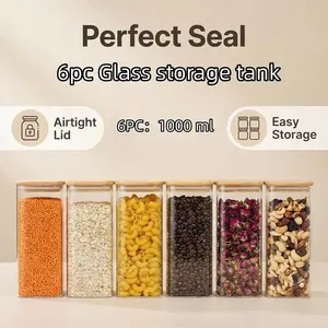 6pc； 1000ml/35oz square sealed cans, glass cans, high borosilicate glass products, transparent glass tea cans with bamboo lids, candy cans, biscuit cans, food sealed cans, nut storage cans, glass jar containers, glass jar sets, kitchen storage.