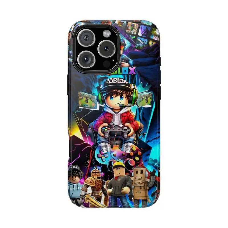 Iconic Vibrant Pixelated Roblox Gaming World Heavy-Duty Polycarbonate-Rubber Smartphone Casing - Impact-Resistant Custom Handheld Cellphone Accessory, Full-Protection Cover for iPhone 11-17 Pro Max Plus