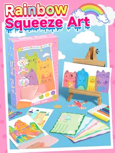 Rainbow Squeeze Art Kit - Creative Scratch & Color Art Set for Kids with 20 Drawing Papers 7 Acrylic Paints 6 Watercolor Pens 1 Sticker Sheet & Squeegee Board Perfect for DIY Art & Gifts