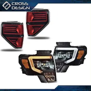 CROSSDESIGN Fit For 09-14 Ford F150 Dual Led Projector Headlights Black & Rear Tail Lights