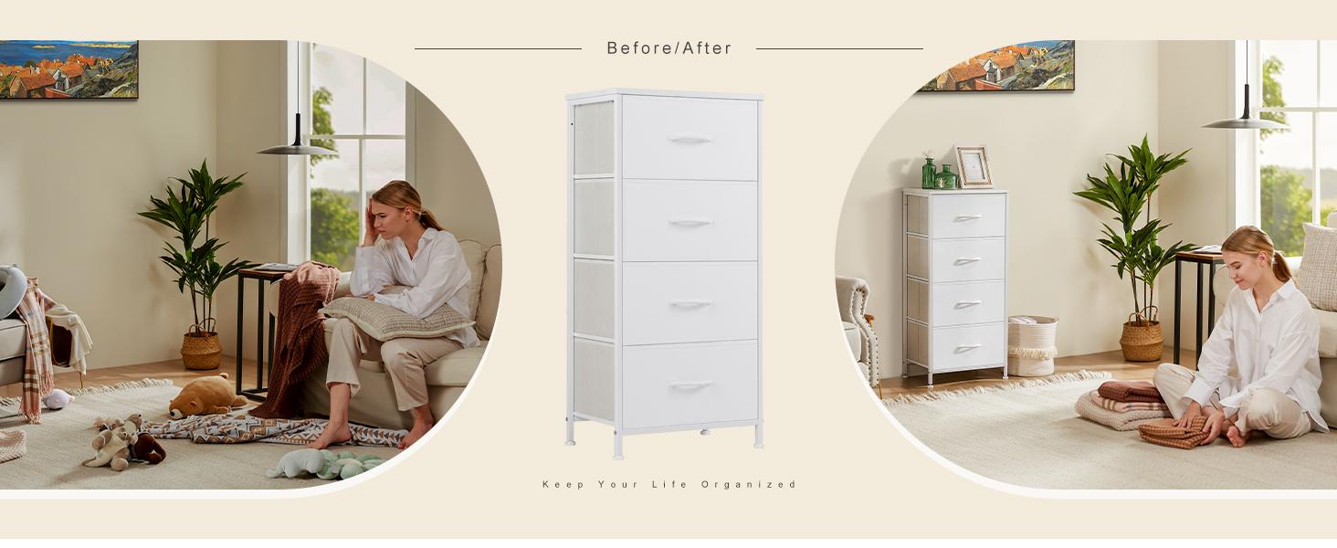 Cupboards Cabinets Dresser for Bedroom, Storage Drawers, Fabric Storage Tower with 4 Drawers, Organizer Unit, with Wooden Top for Closet, Living Room